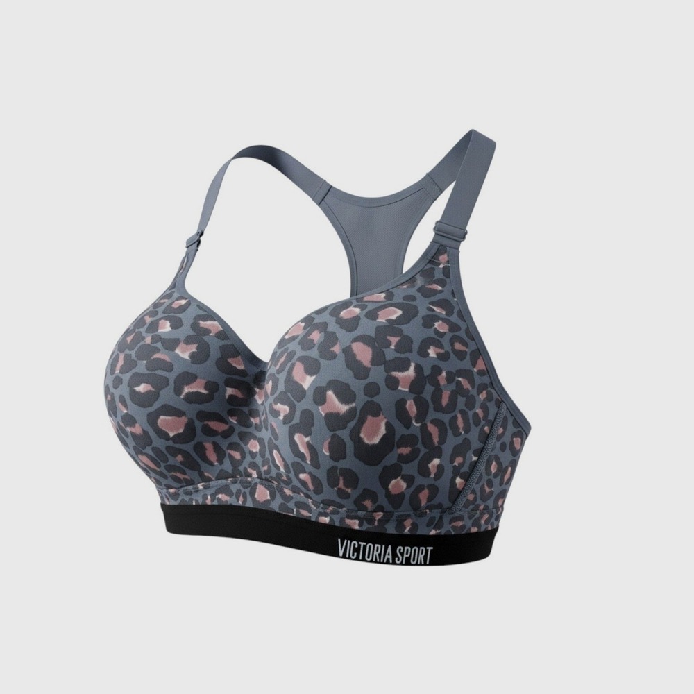 Victoria Sport Bra Womens 32DDD Gray Pink Leopard Incredible Racerback Sport